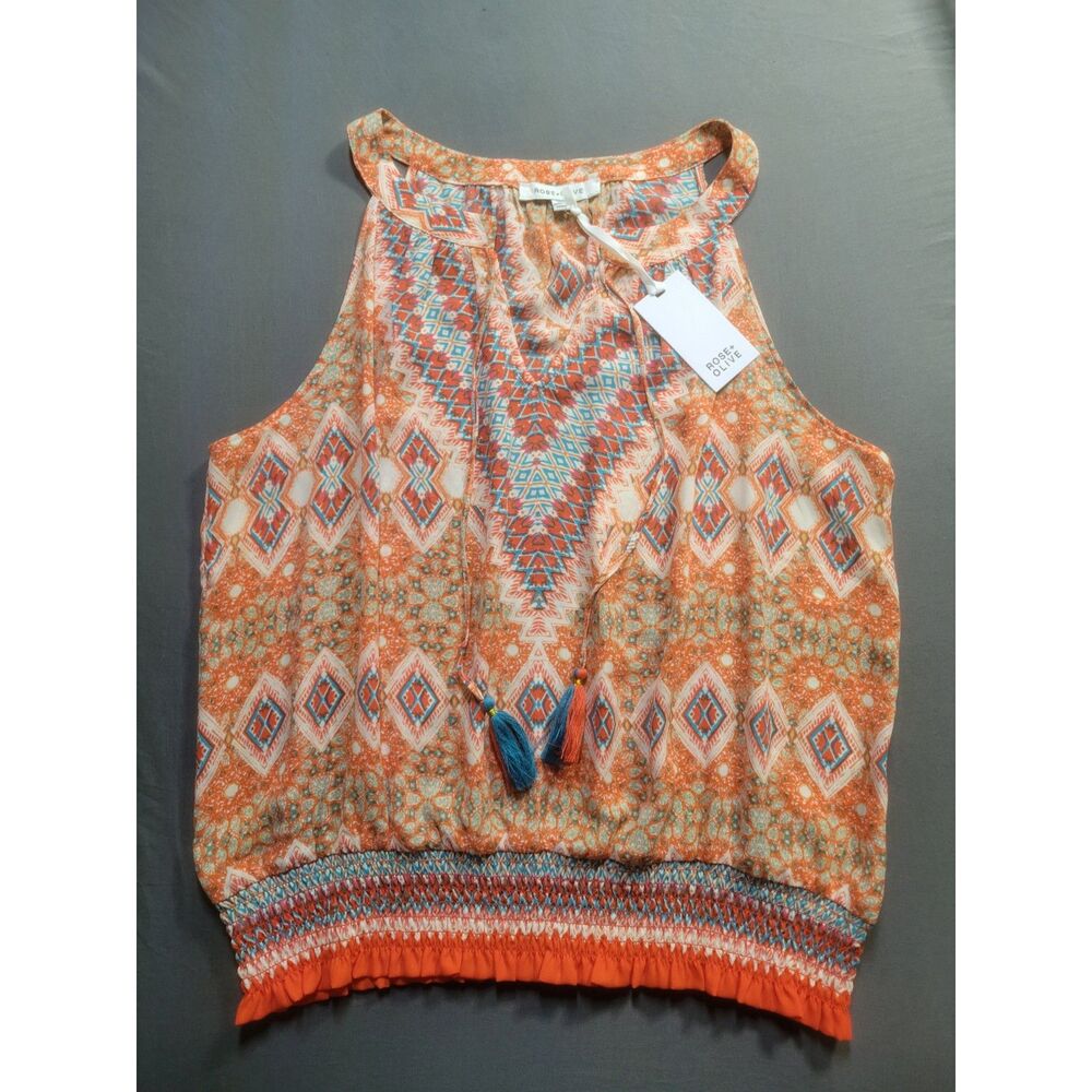 NWT Rose + Olive Printed Boho Halter Top XL Smocked Hem Tassel Neck